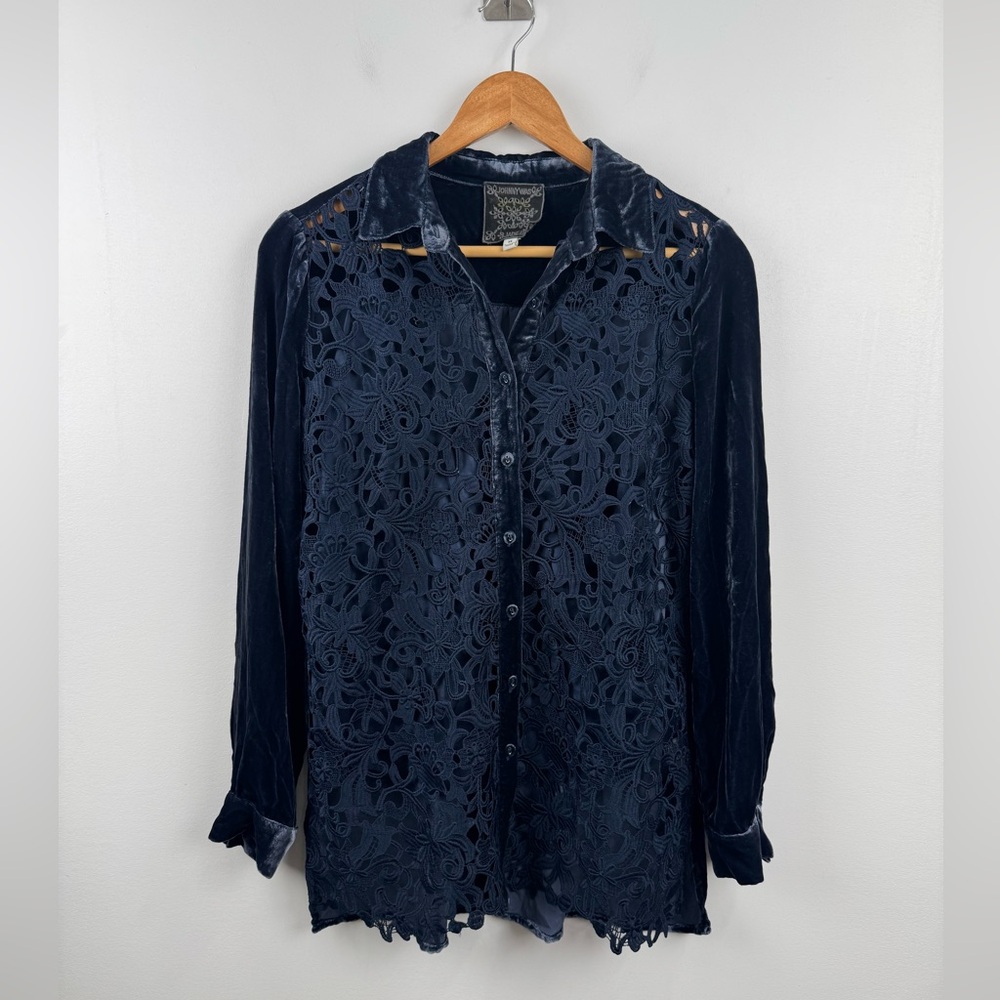Johnny‎ Was Women Flicka Button Down Shirt Navy Blue Size XS